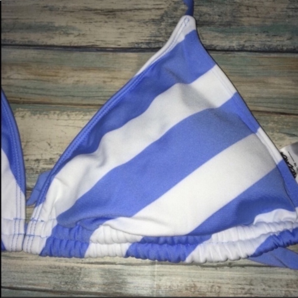 Mossimo Light Blue White Striped Triangle Bikini Top Large Halter Nautical Swim - Picture 3 of 4